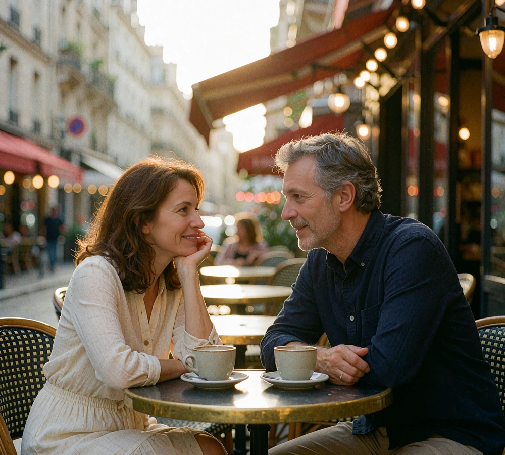 Mature international couple sharing a relaxed conversation at a European cafe terrace in the evening