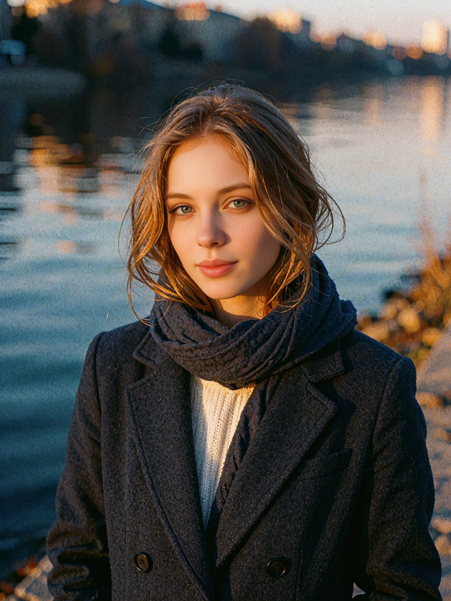 Light-brown-haired Eastern European woman smiling on a river embankment at blue hour