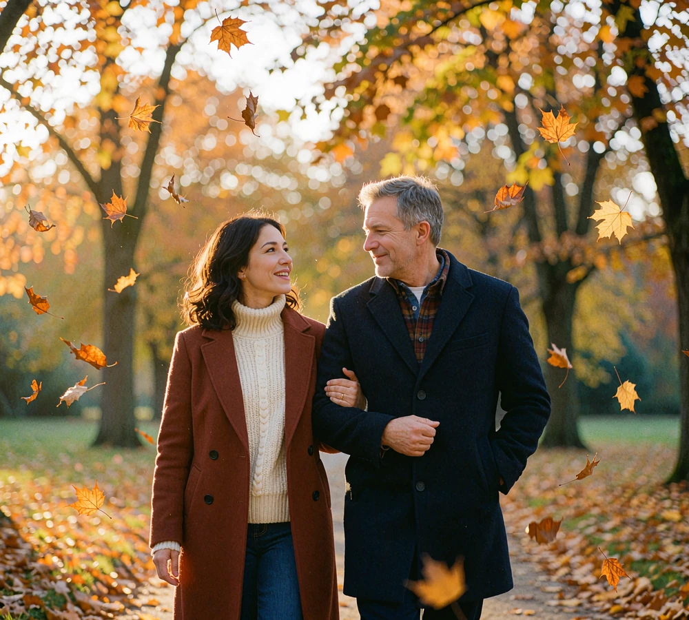 International couple walking arm in arm through an amber autumn park during an in-person visit