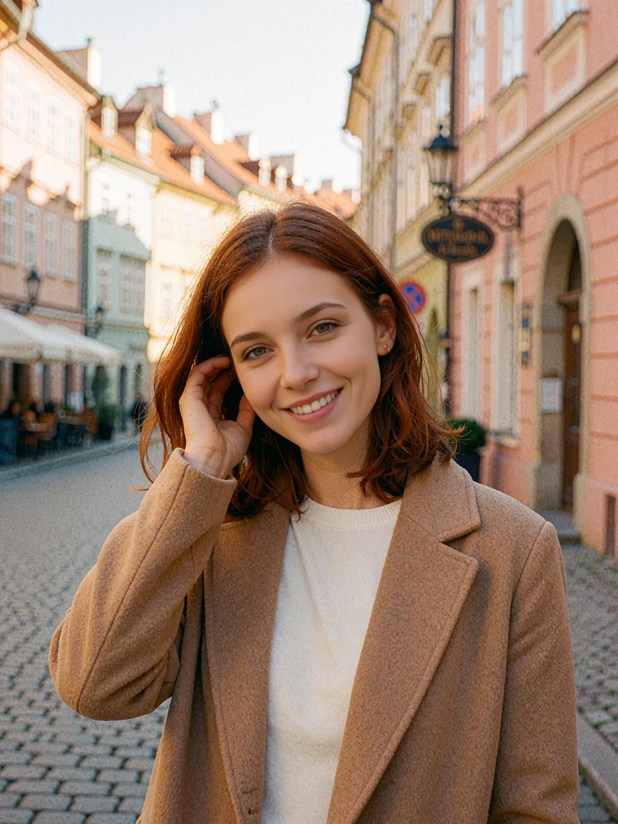 Warmly smiling auburn-haired woman on a European old-town street for a verified dating profile