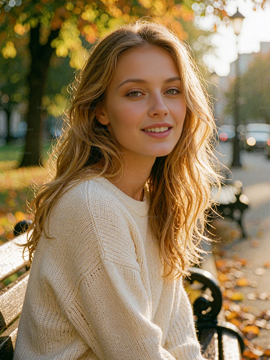 Smiling blonde Eastern European woman seated in a sunlit autumn park for a verified dating profile