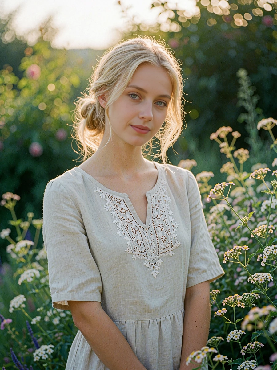 Blonde Eastern European woman in a pale linen dress standing in a softly lit summer garden