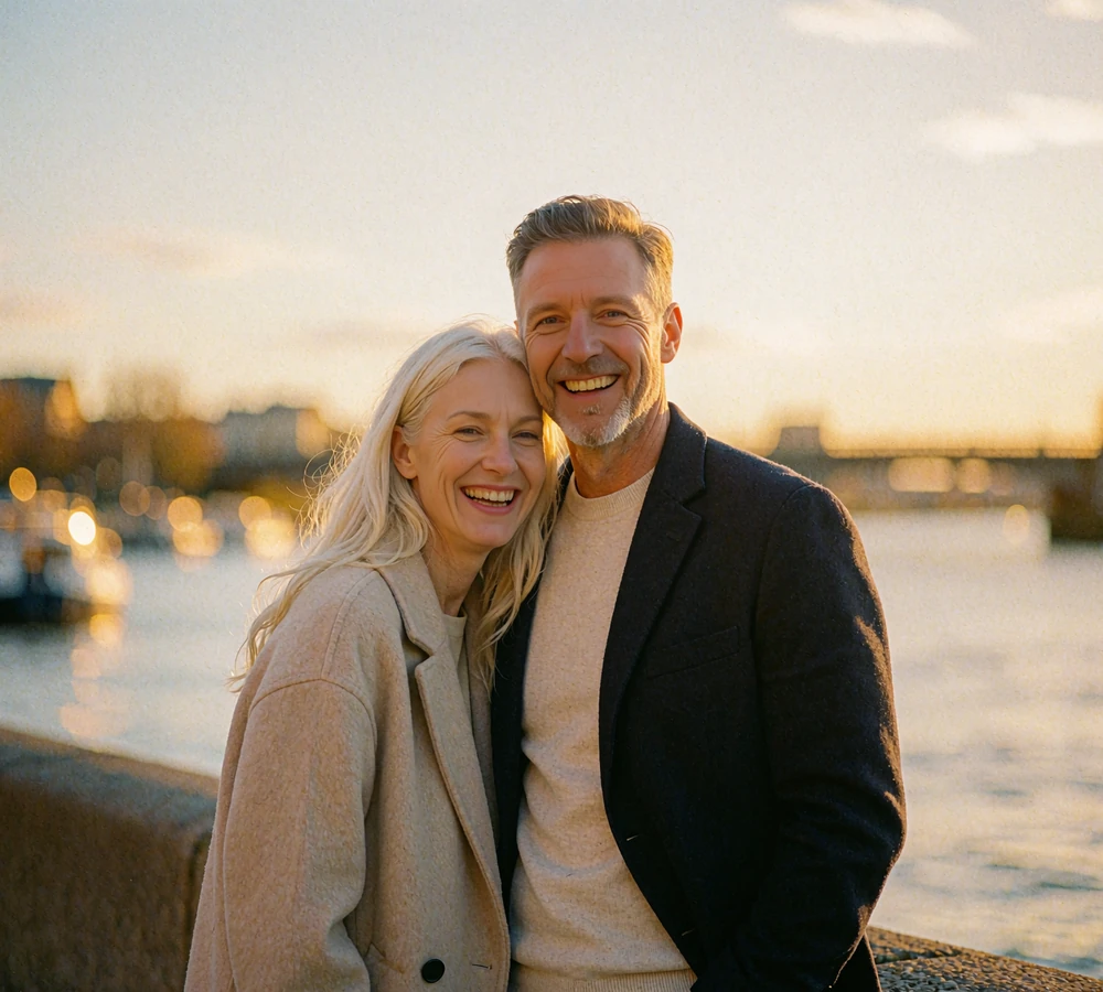 Happy international couple in their forties laughing together on a riverside promenade at sunset